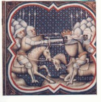Roland battles Marsile, black “heathen” Saracen king in the Song of Roland.  (Courtesy of Grandes Chroniques de France, Bibliothèque Nationale) 